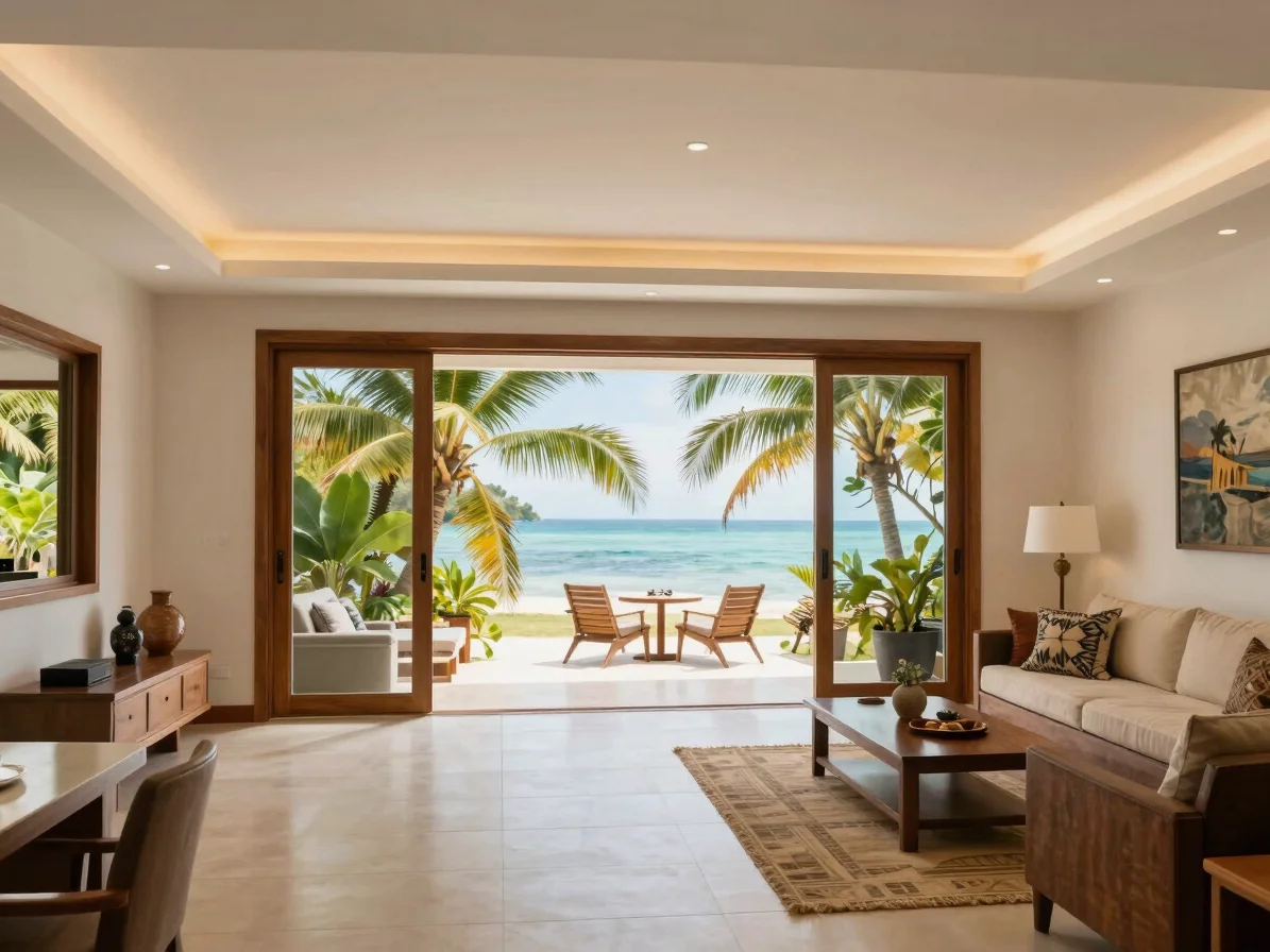 Crisp editorial trade photography of a modern Jamaican home interior with warm, clean recessed lighting, sharp focused d
