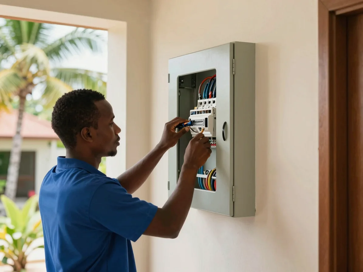 Electrician installing a modern panel in a clean Jamaican residential interior, crisp editorial trade photography, brigh