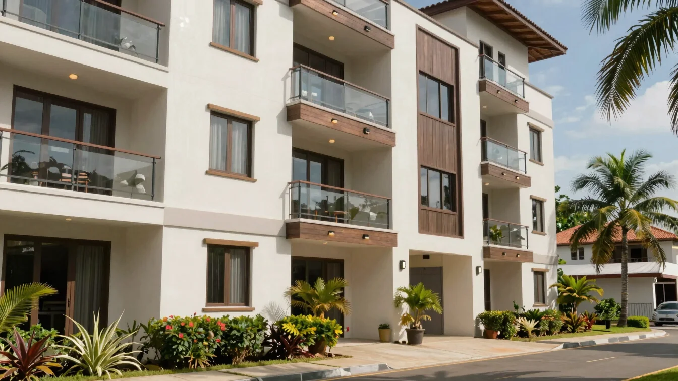 Modern residential building in Kingston, Jamaica, with newly installed exterior lighting, crisp tropical daylight.