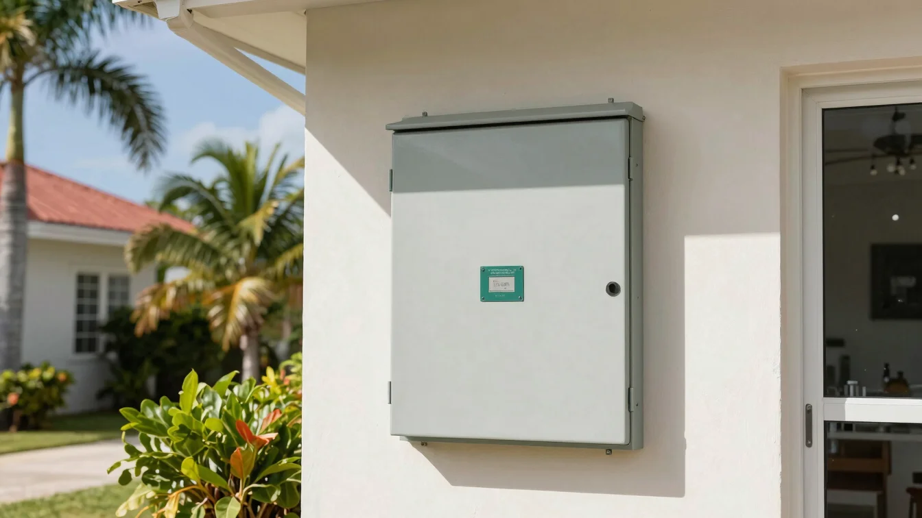 Contemporary home in Montego Bay, Jamaica, showing a neat electrical panel installation, bright island sunlight.