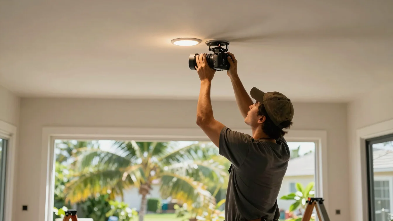 Electrician working on recessed lighting in a newly finished residential interior in Portland, Jamaica, warm clean illumination