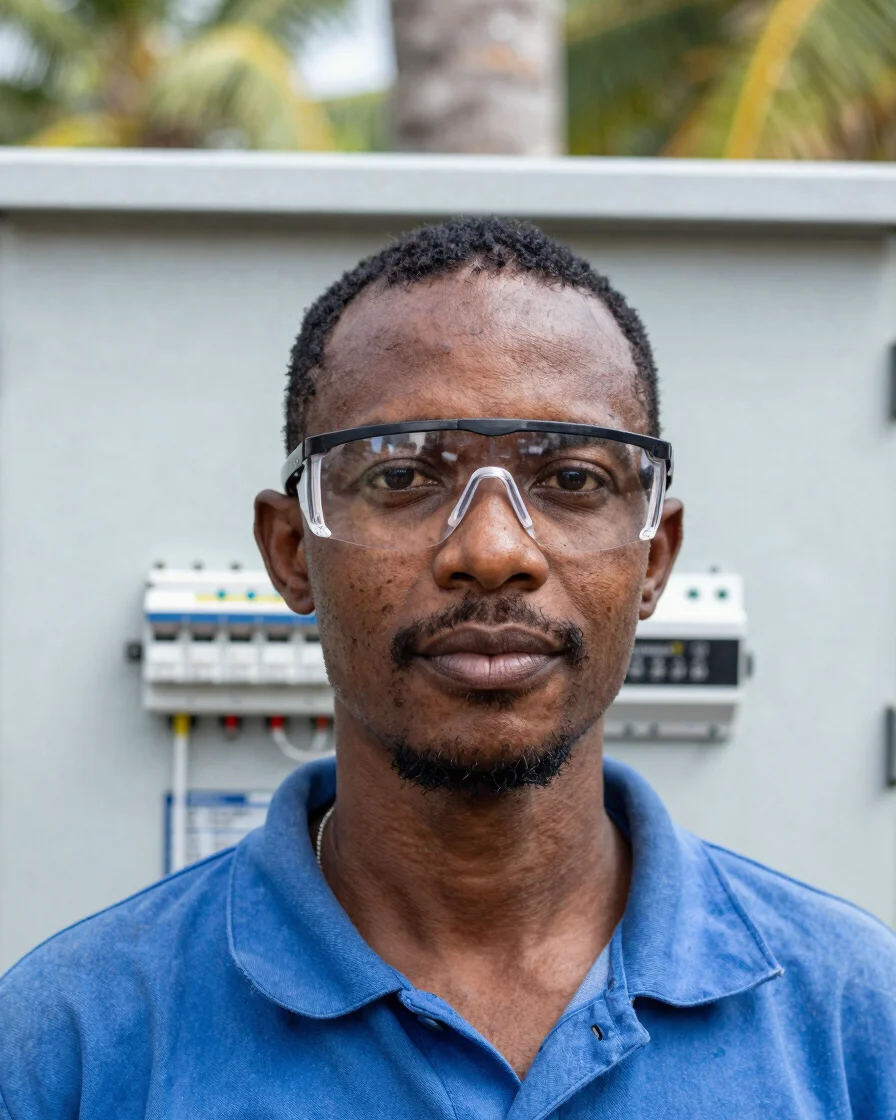 Close-up portrait of a licensed Jamaican electrician wearing safe