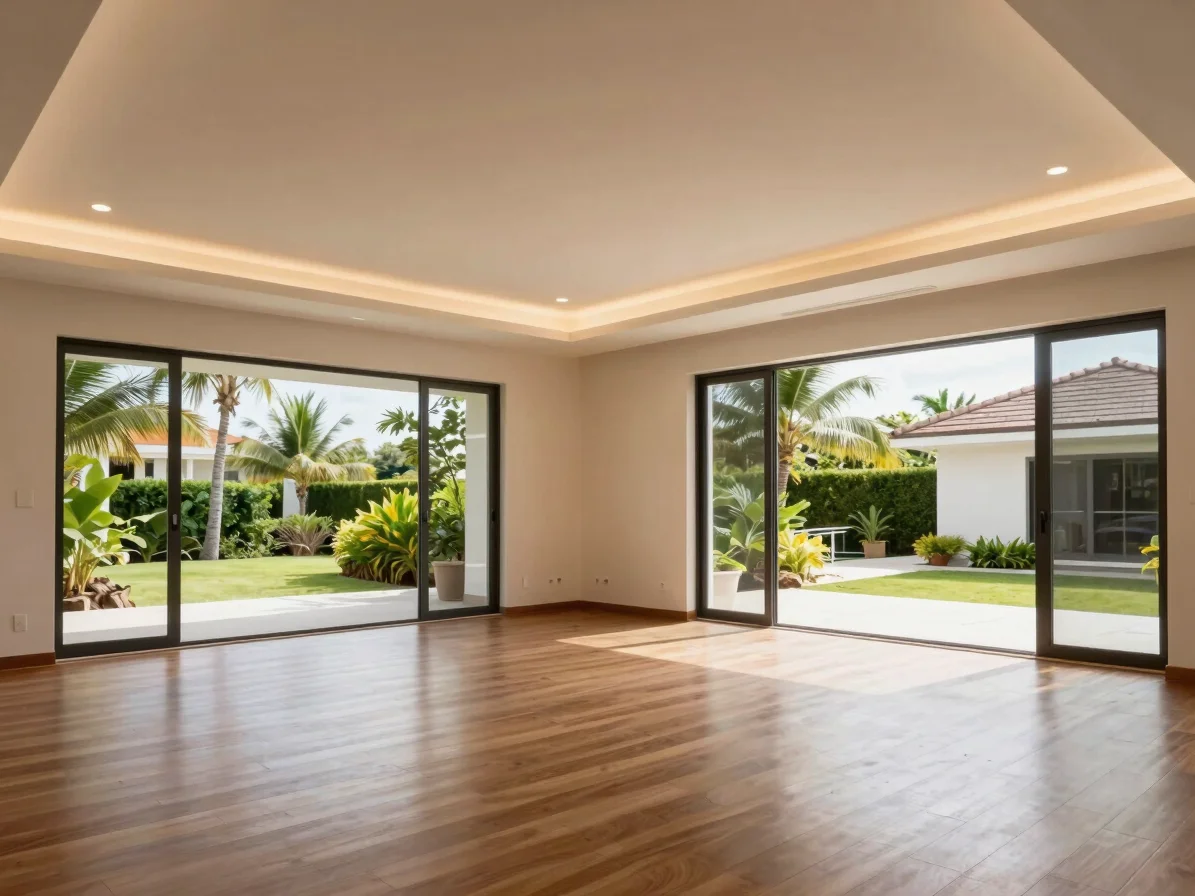 Finished residential interior with warm clean recessed lighting,